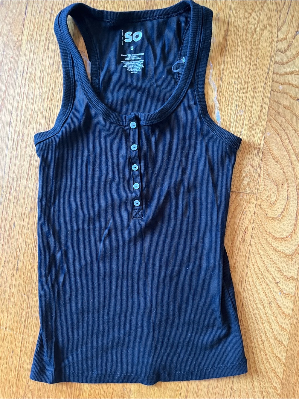 SO Black Ribbed Henley Tank with Button Placket